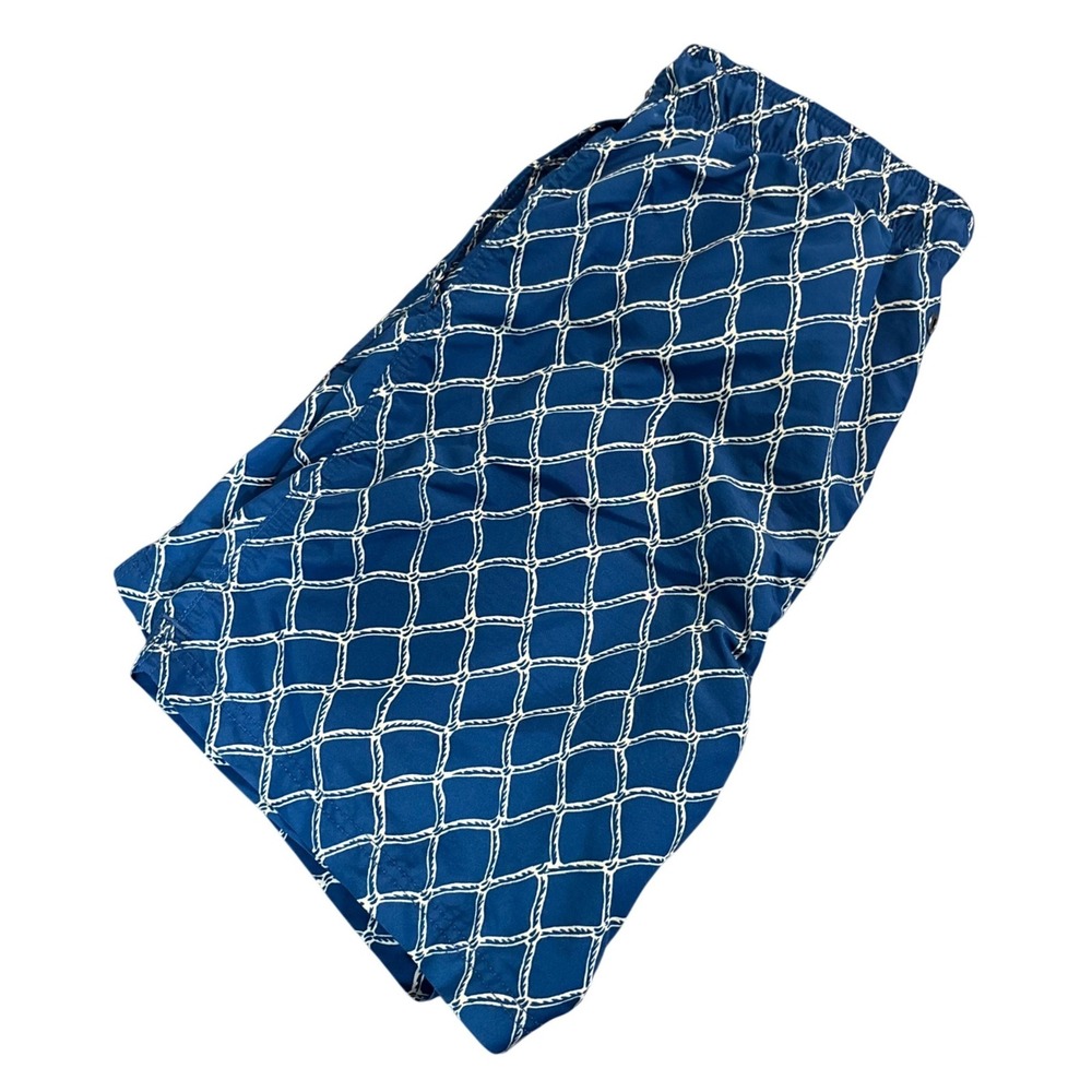 LANDS END Swim Trunks Mens M 32 34 Blue Rope Net Print Mesh Lined Beach Shorts